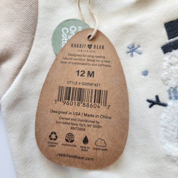 Rabbit + Bear Organic Cotton Infant Snowman Sweatshirt 12M – Cream & Beige NWT - Picture 10 of 11